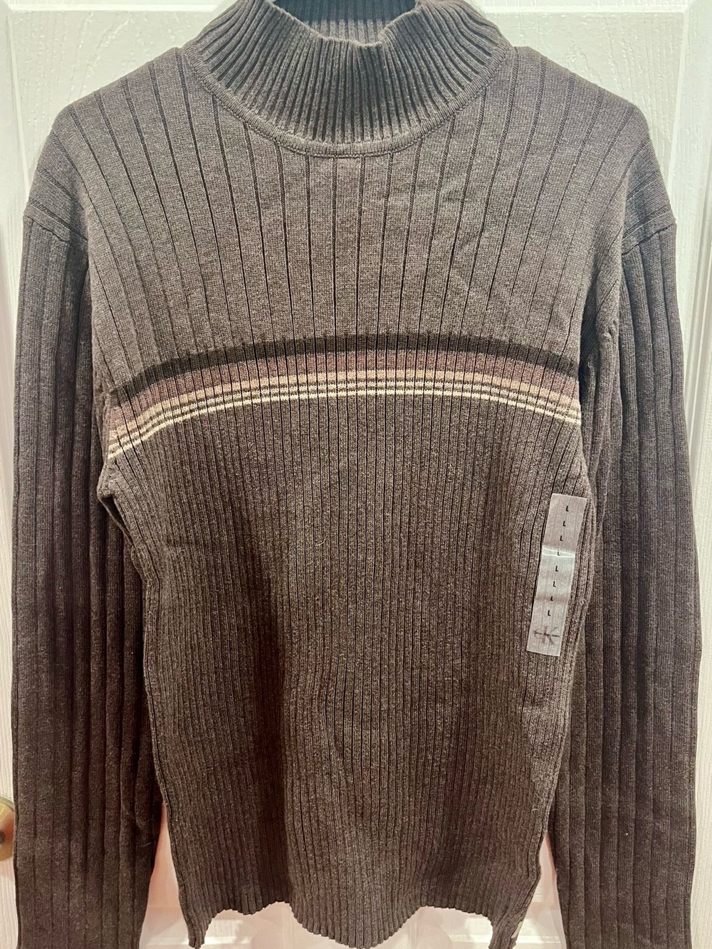 NWT Calvin Klein Jeans 100% Cotton Ribbed Turtleneck Sweater Brown Gray L $68